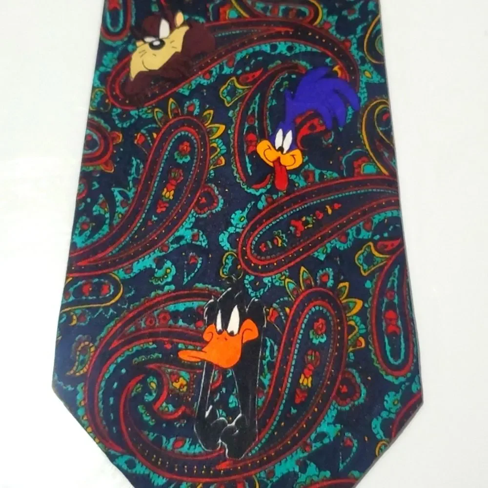Vintage Looney Tunes Mania Paisley Daffy Roadrunner Coyote Bugs Taz 1994 Necktie